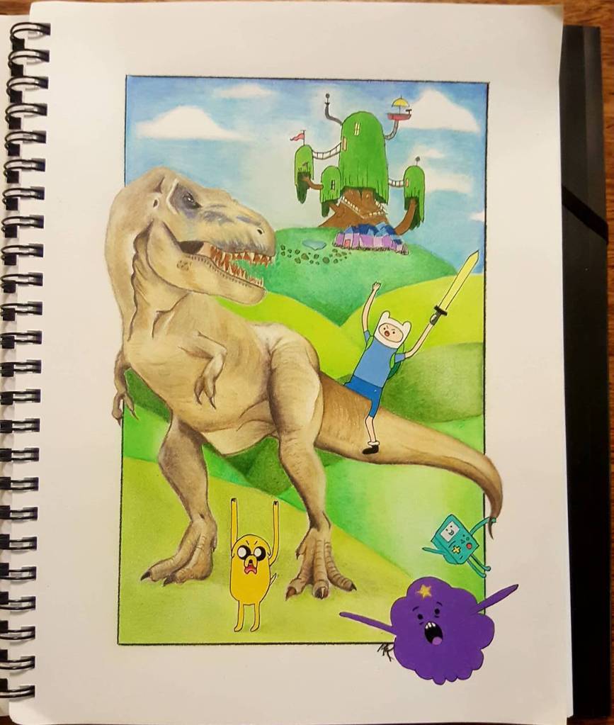 adventure time and dinosaur drawing, drawn using coloured pencils 
